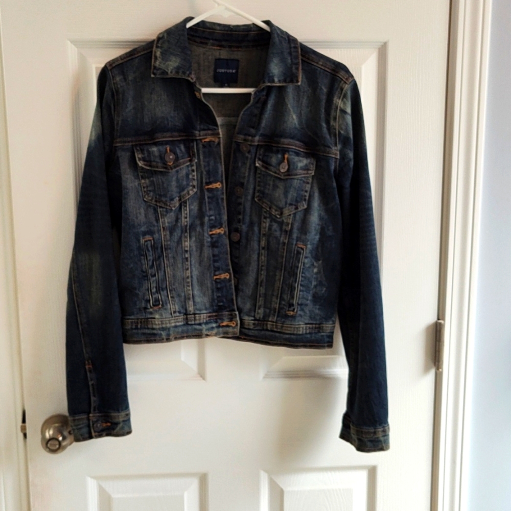 Dark, detressed crop length jean jacket